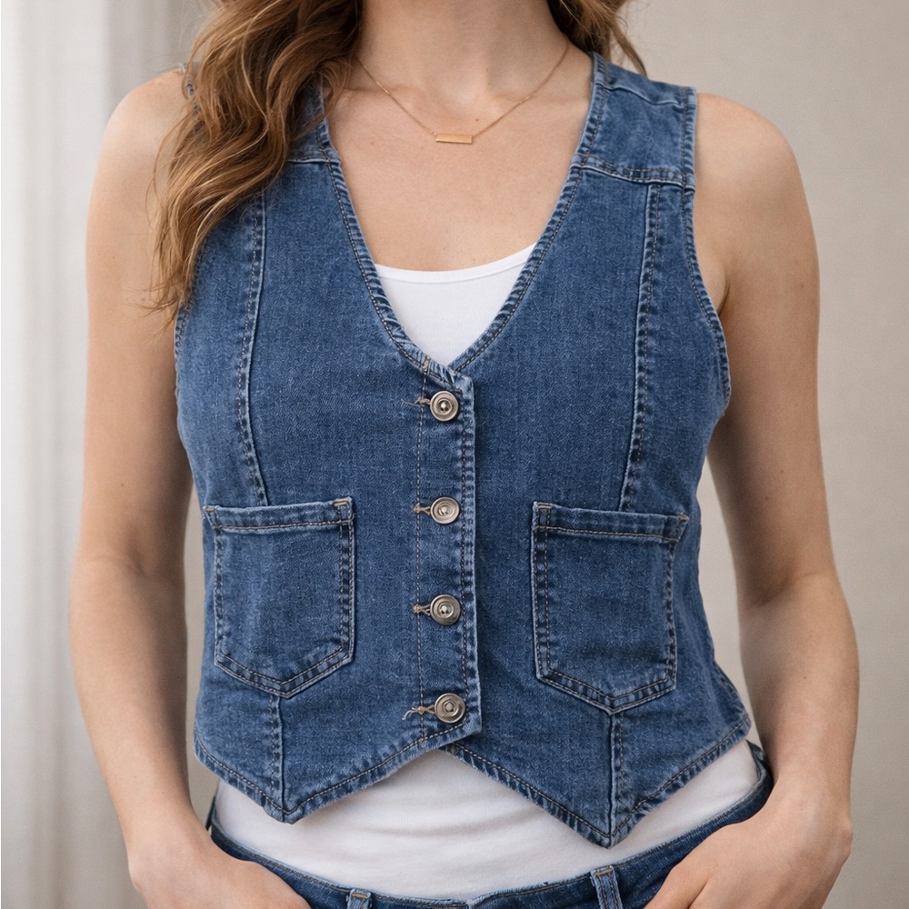 Celebrity Pink Denim Button-Front Vest in Blue sz women’s medium M